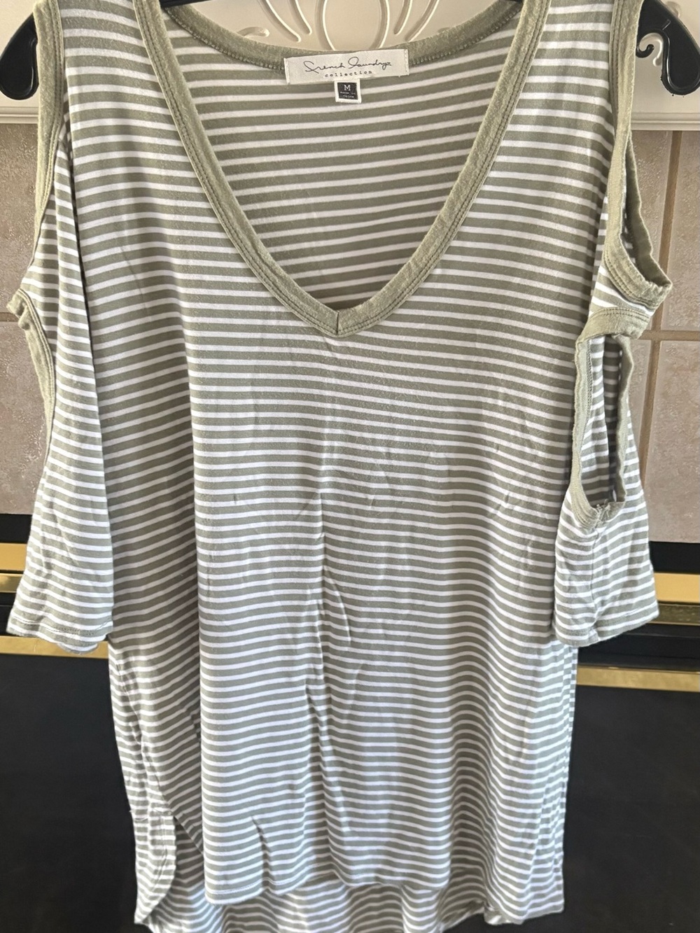 French Laundry Sage and White Striped Tee with cold shoulders detail
